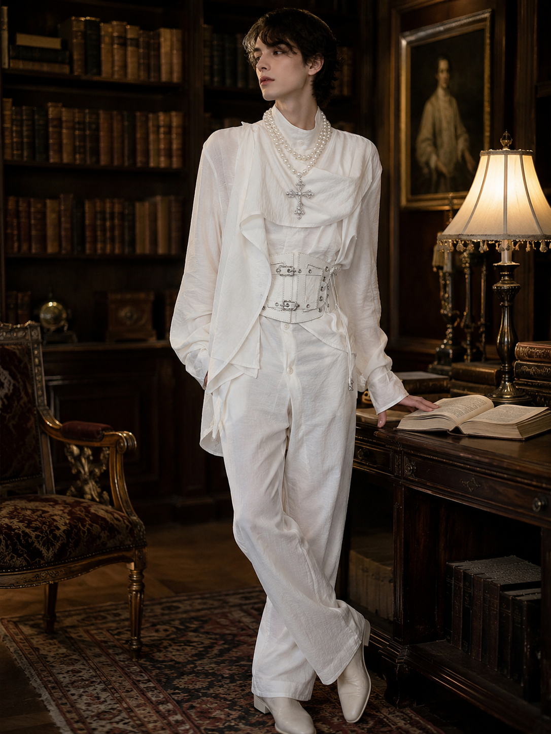 Asymmetric Scarf-Collar Ouji Shirt - White Styled Model View 03 Asymmetric Scarf-Collar Ouji Shirt in White, styled model view 03