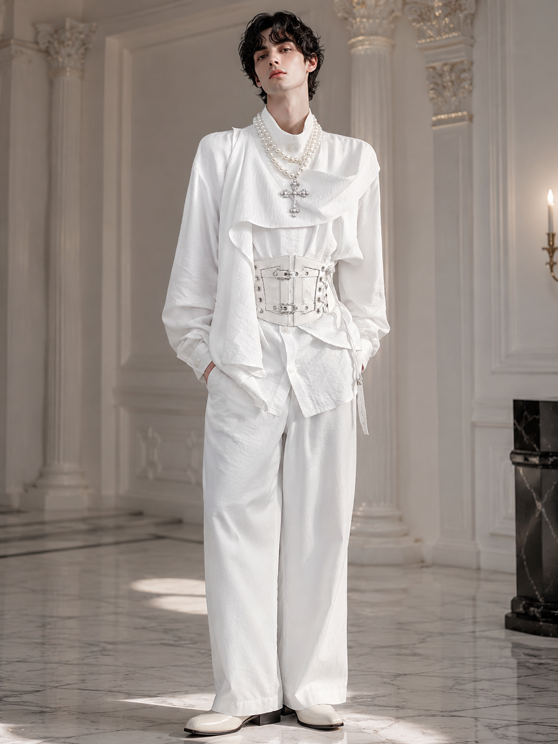 Asymmetric Scarf-Collar Ouji Shirt - White Styled Model View 04 Asymmetric Scarf-Collar Ouji Shirt in White, styled model view 04