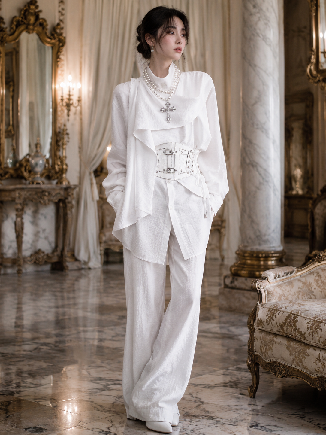 Asymmetric Scarf-Collar Ouji Shirt - White Styled Model View 05 Asymmetric Scarf-Collar Ouji Shirt in White, styled model view 05