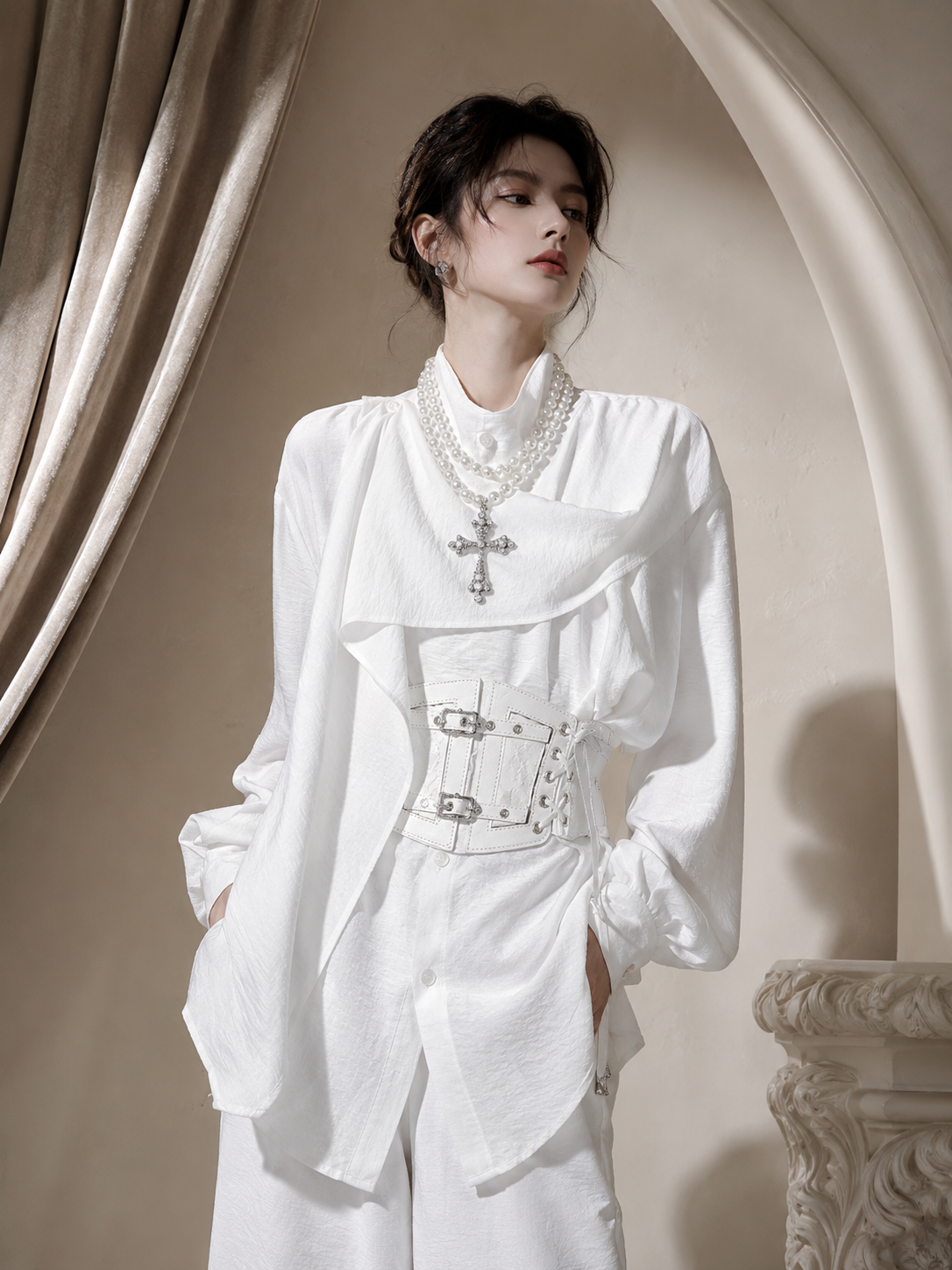Asymmetric Scarf-Collar Ouji Shirt - White Styled Model View 06 Asymmetric Scarf-Collar Ouji Shirt in White, styled model view 06