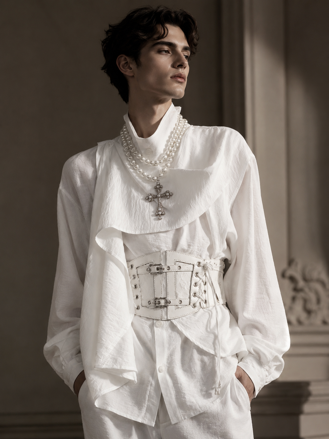 Asymmetric Scarf-Collar Ouji Shirt - White Styled Model View 07 Asymmetric Scarf-Collar Ouji Shirt in White, styled model view 07