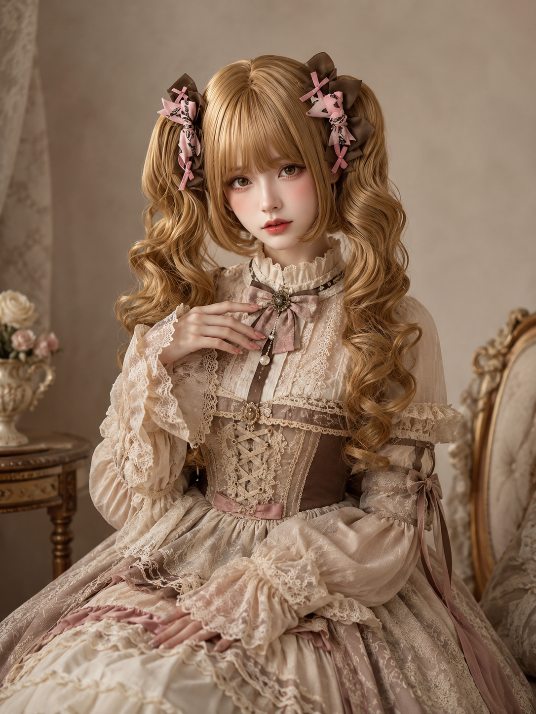 Baroque Sweetheart Twin-Tail Lolita Wig - Light Blonde Styled Model View 01 Baroque Sweetheart Twin-Tail Lolita Wig in Light Blonde, styled model view 01