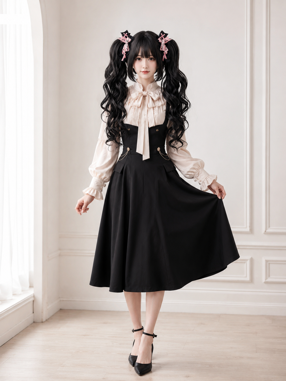 Baroque Sweetheart Twin-Tail Lolita Wig in Natural Black, main product styling view 01