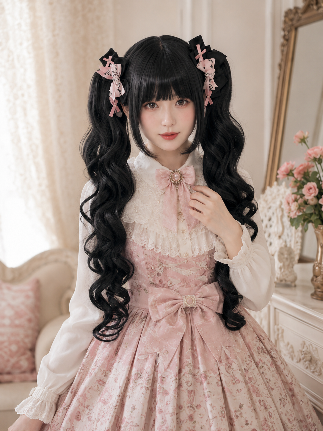 Baroque Sweetheart Twin-Tail Lolita Wig - Natural Black Styled Model View 01 Baroque Sweetheart Twin-Tail Lolita Wig in Natural Black, styled model view 01