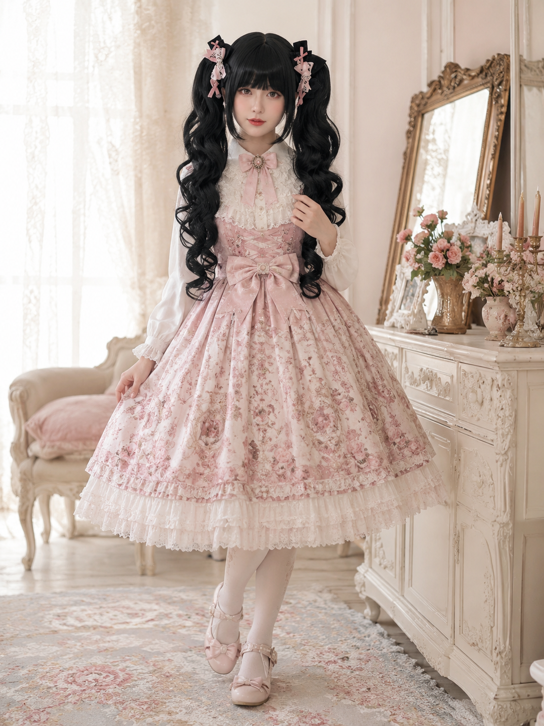 Baroque Sweetheart Twin-Tail Lolita Wig - Natural Black Styled Model View 02 Baroque Sweetheart Twin-Tail Lolita Wig in Natural Black, styled model view 02