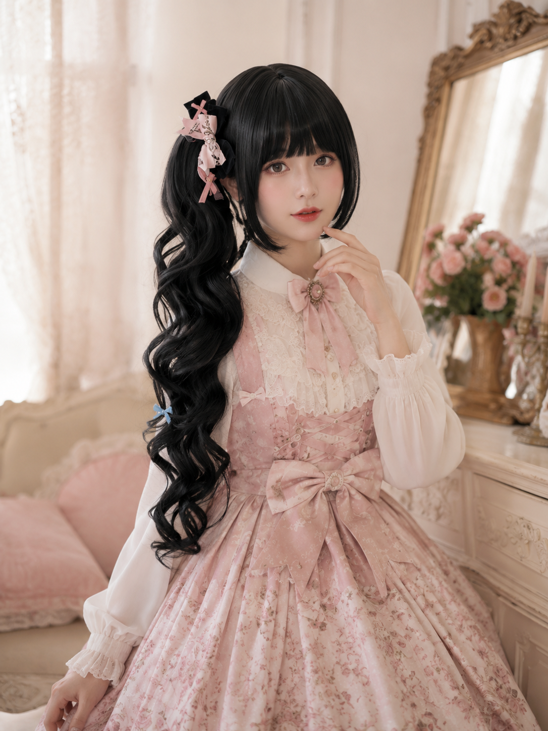 Baroque Sweetheart Twin-Tail Lolita Wig - Natural Black Styled Model View 03 Baroque Sweetheart Twin-Tail Lolita Wig in Natural Black, styled model view 03
