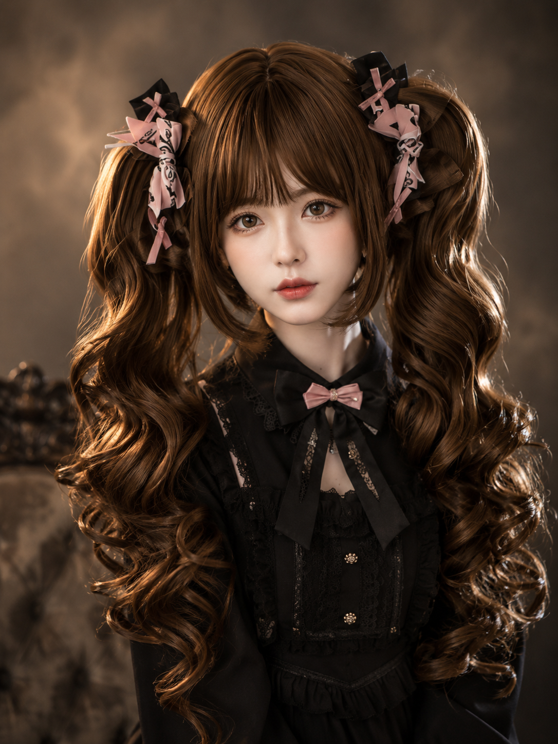 Baroque Sweetheart Twin-Tail Lolita Wig - Warm Brown Main Product Styling View 01 Baroque Sweetheart Twin-Tail Lolita Wig in Warm Brown, main product styling view 01