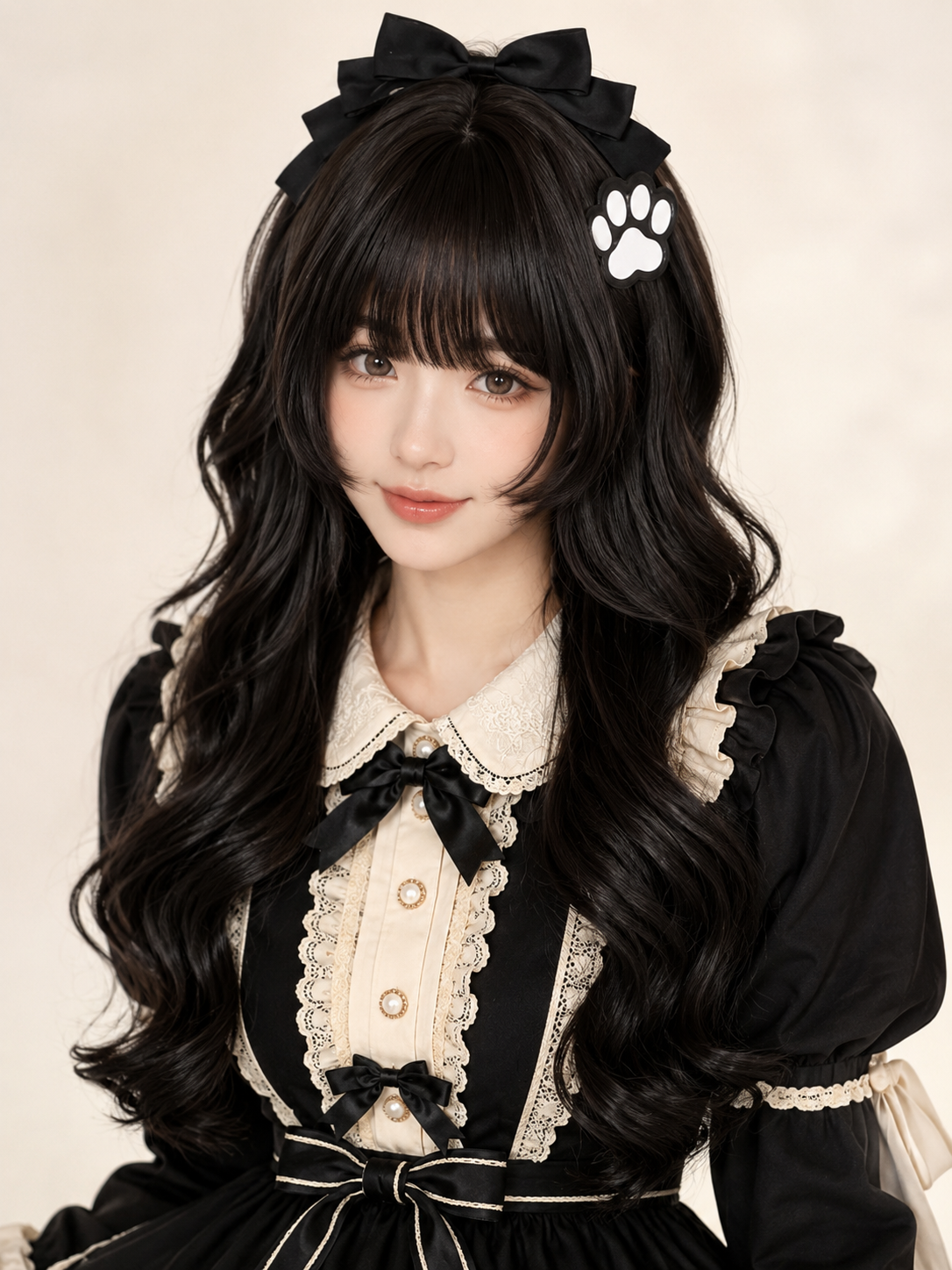 Black Long Wavy Lolita Wig with Full Bangs - Black Styled Model View 02 Black Long Wavy Lolita Wig with Full Bangs in Black, styled model view 02