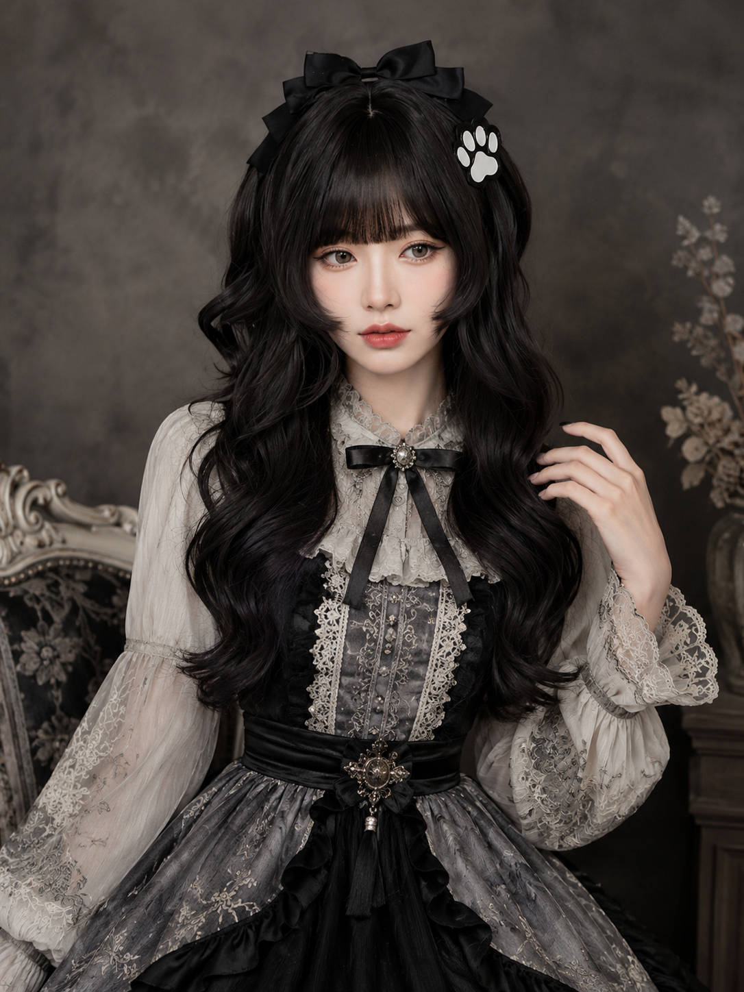 Black Long Wavy Lolita Wig with Full Bangs - Black Styled Model View 04 Black Long Wavy Lolita Wig with Full Bangs in Black, styled model view 04