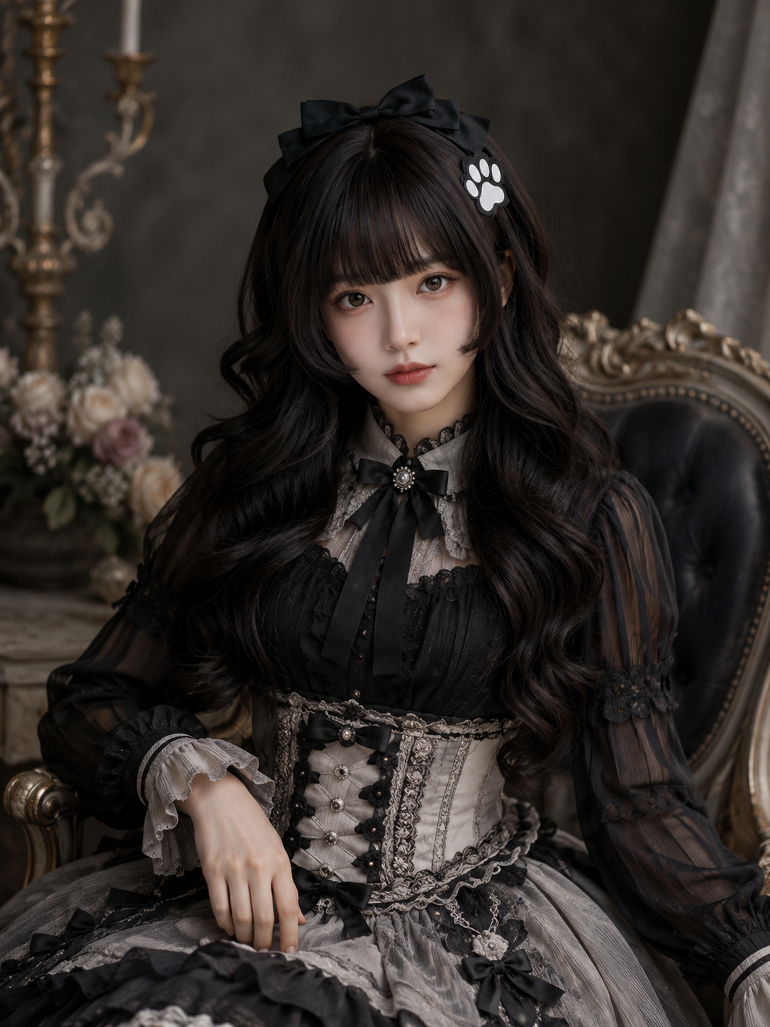 Black Long Wavy Lolita Wig with Full Bangs - Black Styled Model View 08 Black Long Wavy Lolita Wig with Full Bangs in Black, styled model view 08