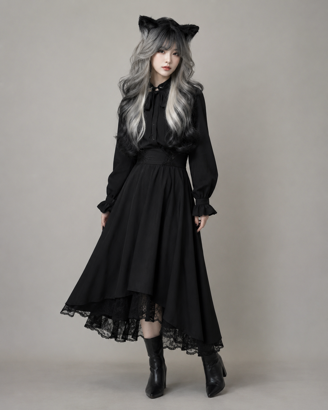 Black and Silver Ombre Long Wavy Lolita Wig in Black and Silver Ombre, main product styling view 01