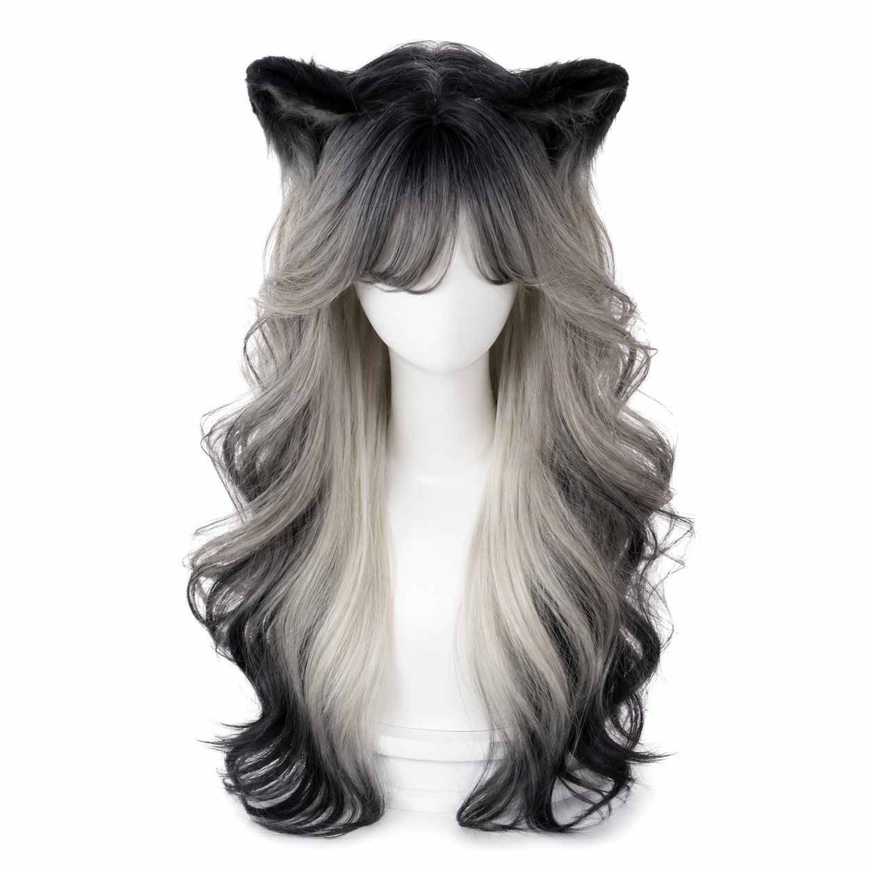 Black and Silver Ombre Long Wavy Lolita Wig - Black and Silver Ombre Mannequin Product View 01 Black and Silver Ombre Long Wavy Lolita Wig in Black and Silver Ombre, mannequin product view 01