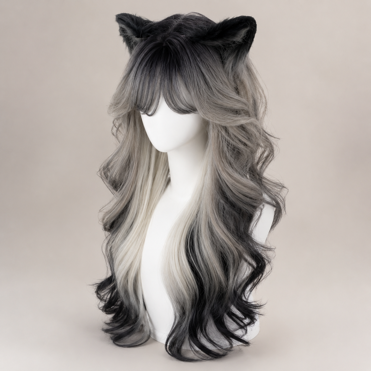 Black and Silver Ombre Long Wavy Lolita Wig - Black and Silver Ombre Mannequin Product View 04 Black and Silver Ombre Long Wavy Lolita Wig in Black and Silver Ombre, mannequin product view 04