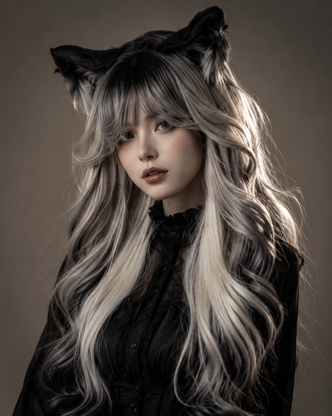 Black and Silver Ombre Long Wavy Lolita Wig - Black and Silver Ombre Styled Model View 01 Black and Silver Ombre Long Wavy Lolita Wig in Black and Silver Ombre, styled model view 01