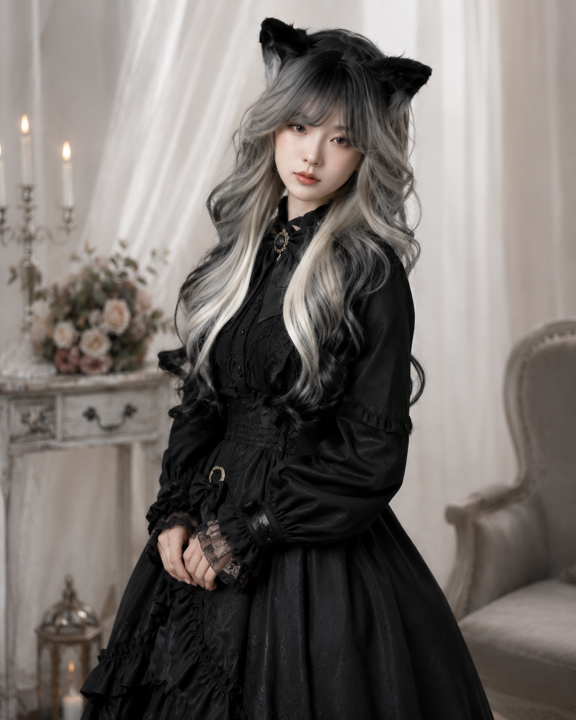 Black and Silver Ombre Long Wavy Lolita Wig - Black and Silver Ombre Styled Model View 02 Black and Silver Ombre Long Wavy Lolita Wig in Black and Silver Ombre, styled model view 02