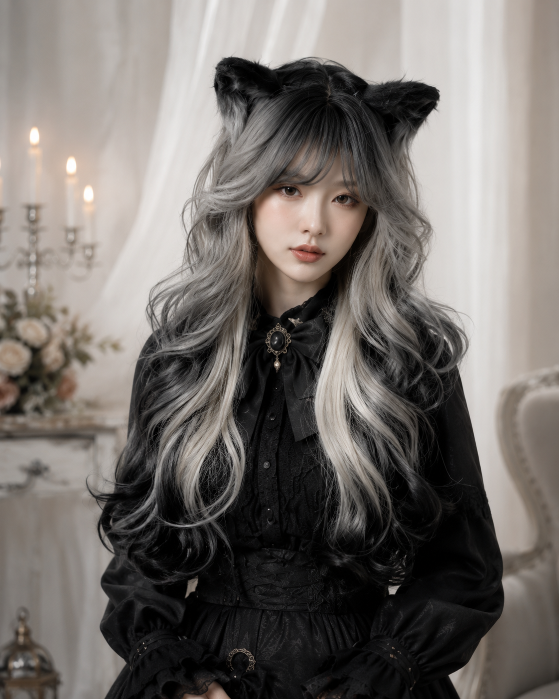 Black and Silver Ombre Long Wavy Lolita Wig - Black and Silver Ombre Styled Model View 03 Black and Silver Ombre Long Wavy Lolita Wig in Black and Silver Ombre, styled model view 03
