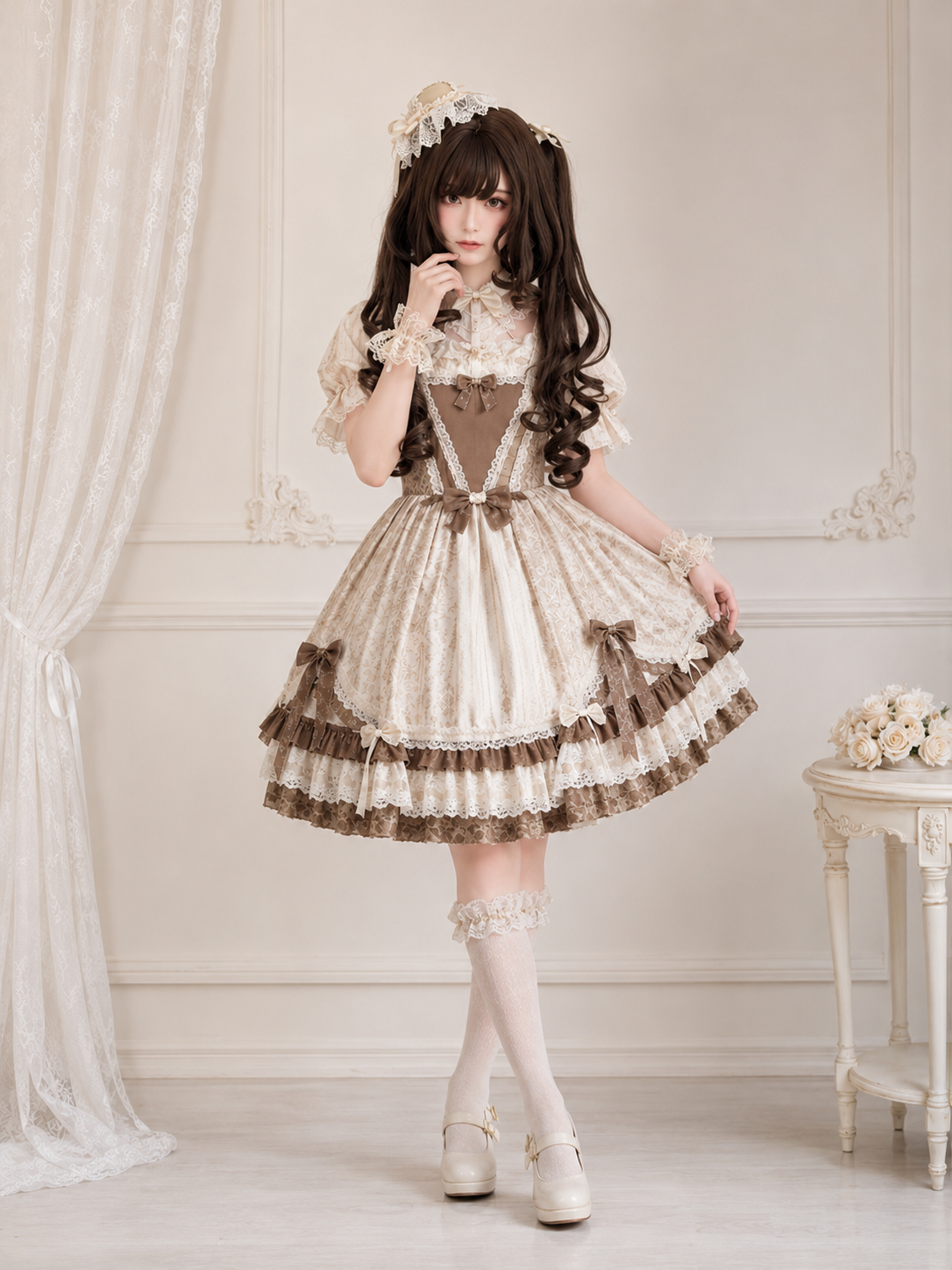 Dunkelbraune gelockte Lolita-Perücke mit Twin-Tails – Dunkelbraun, Hauptansicht des Stylings am Model 01 Dunkelbraune gelockte Lolita-Perücke mit Twin-Tails in Dunkelbraun, Hauptansicht des Stylings am Model 01