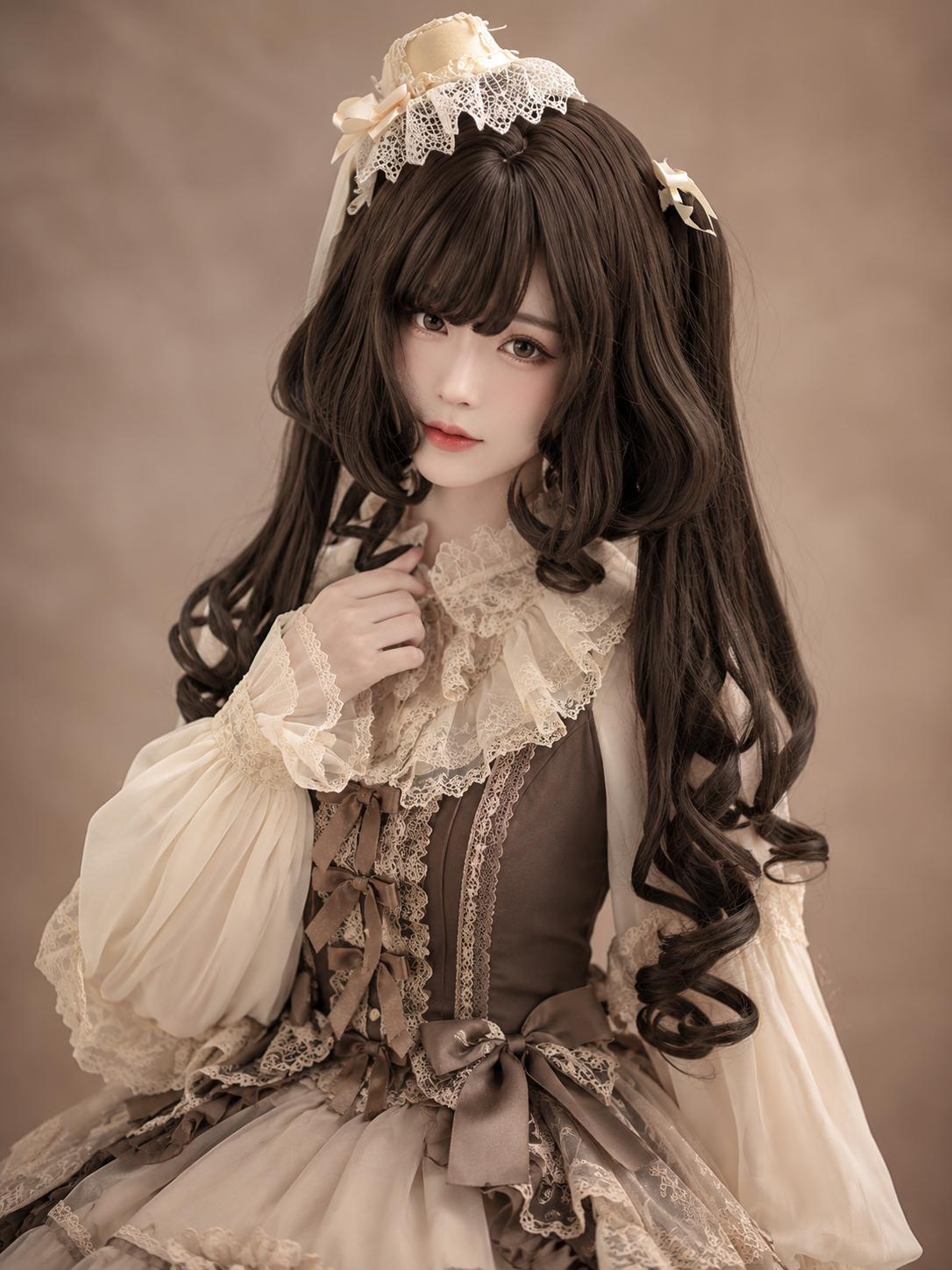 Dunkelbraune gelockte Lolita-Perücke mit Twin-Tails – Dunkelbraun, Stylingansicht am Model 01 Dunkelbraune gelockte Lolita-Perücke mit Twin-Tails in Dunkelbraun, Stylingansicht am Model 01