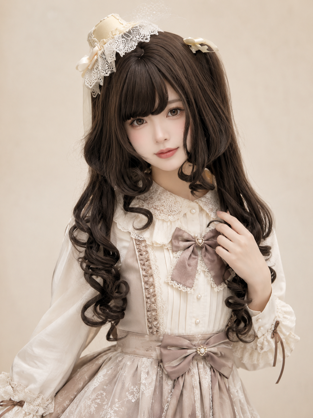 Dunkelbraune gelockte Lolita-Perücke mit Twin-Tails – Dunkelbraun, Stylingansicht am Model 02 Dunkelbraune gelockte Lolita-Perücke mit Twin-Tails in Dunkelbraun, Stylingansicht am Model 02