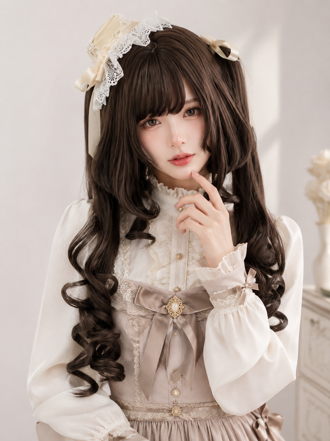 Dunkelbraune gelockte Lolita-Perücke mit Twin-Tails – Dunkelbraun, Stylingansicht am Model 04 Dunkelbraune gelockte Lolita-Perücke mit Twin-Tails in Dunkelbraun, Stylingansicht am Model 04