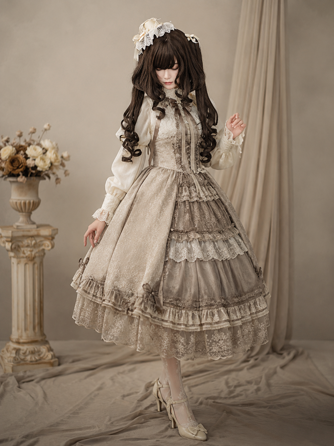 Dunkelbraune gelockte Lolita-Perücke mit Twin-Tails – Dunkelbraun, Stylingansicht am Model 07 Dunkelbraune gelockte Lolita-Perücke mit Twin-Tails in Dunkelbraun, Stylingansicht am Model 07