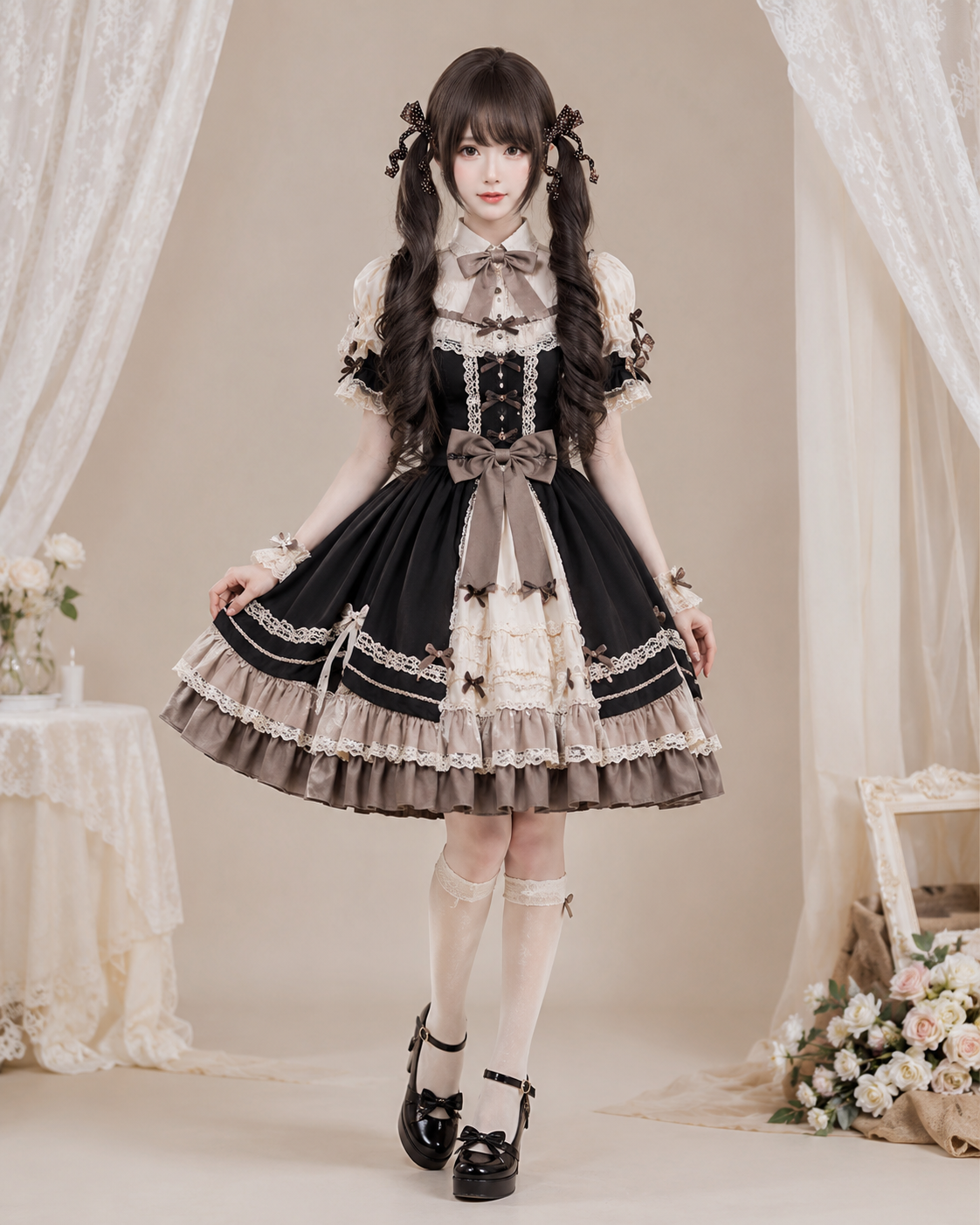 Gelockte Lolita-Perücke in dunklem Teebraun mit Twin-Tails – Dunkles Teebraun, Hauptansicht des Stylings am Model 01 Gelockte Lolita-Perücke in dunklem Teebraun mit Twin-Tails in Dunkles Teebraun, Hauptansicht des Stylings am Model 01