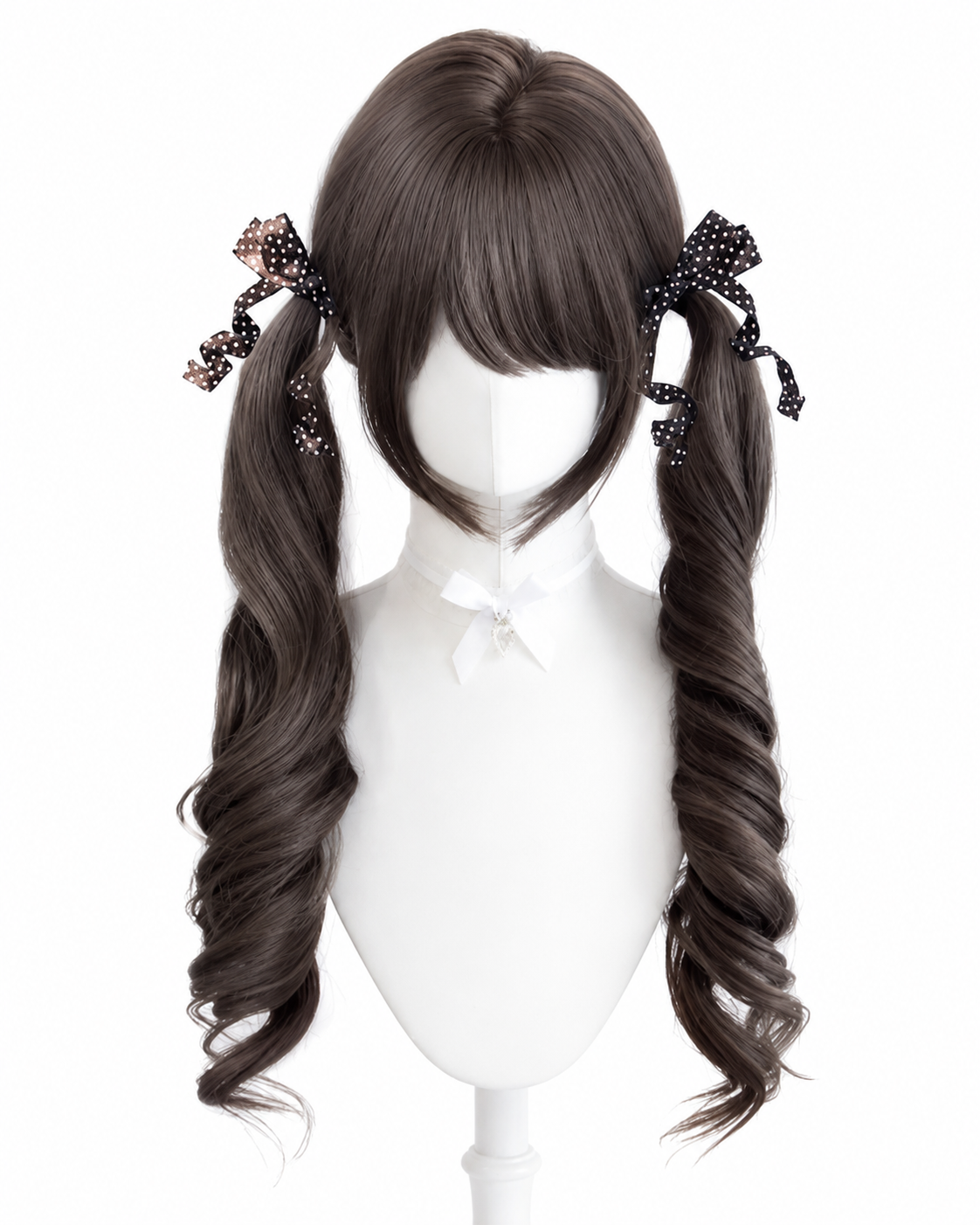 Gelockte Lolita-Perücke in dunklem Teebraun mit Twin-Tails – Dunkles Teebraun, Produktansicht an der Schneiderpuppe 01 Gelockte Lolita-Perücke in dunklem Teebraun mit Twin-Tails in Dunkles Teebraun, Produktansicht an der Schneiderpuppe 01