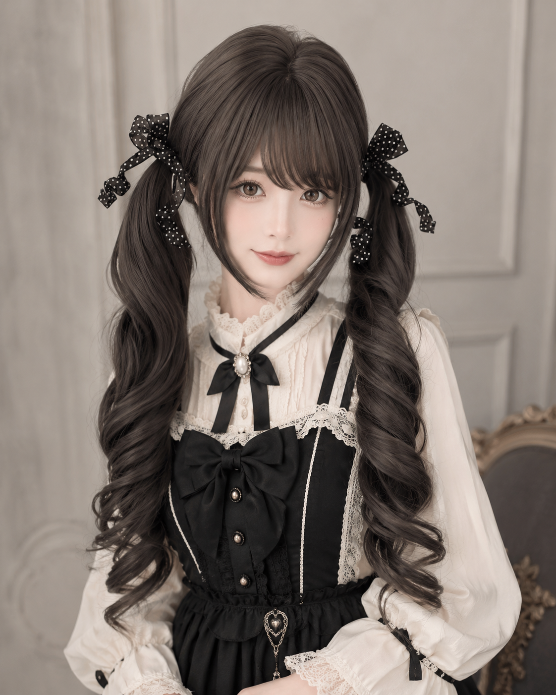 Gelockte Lolita-Perücke in dunklem Teebraun mit Twin-Tails – Dunkles Teebraun, Stylingansicht am Model 01 Gelockte Lolita-Perücke in dunklem Teebraun mit Twin-Tails in Dunkles Teebraun, Stylingansicht am Model 01