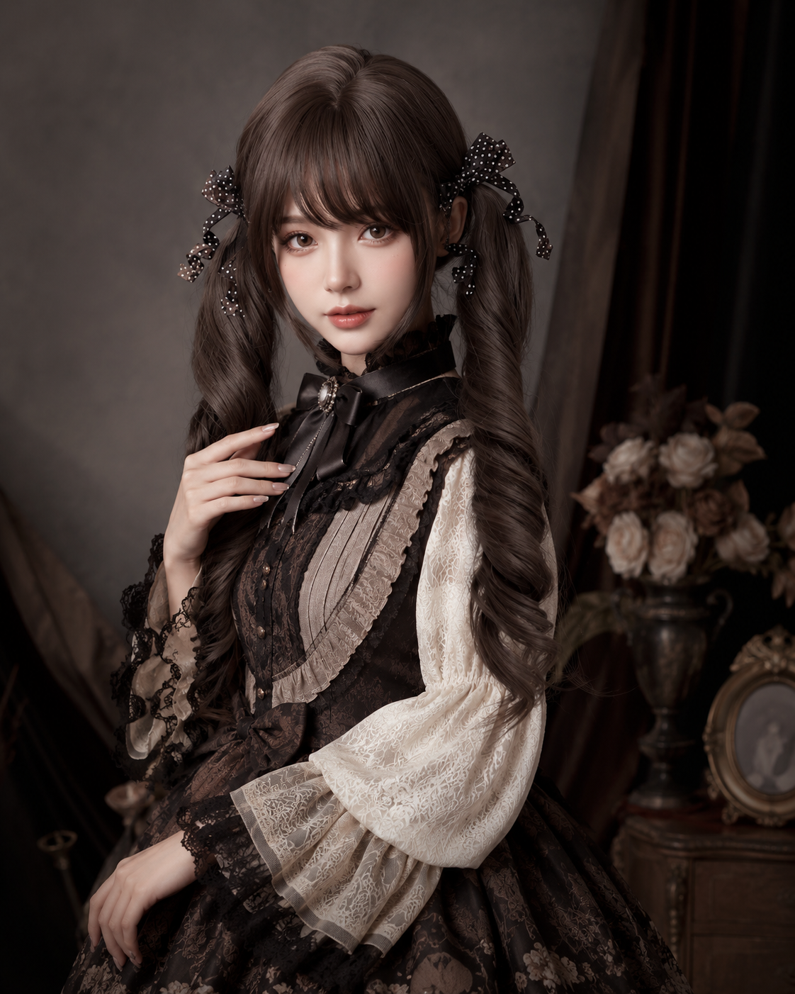 Gelockte Lolita-Perücke in dunklem Teebraun mit Twin-Tails – Dunkles Teebraun, Stylingansicht am Model 02 Gelockte Lolita-Perücke in dunklem Teebraun mit Twin-Tails in Dunkles Teebraun, Stylingansicht am Model 02