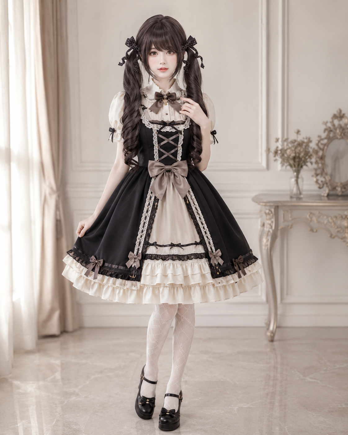 Gelockte Lolita-Perücke in dunklem Teebraun mit Twin-Tails – Dunkles Teebraun, Stylingansicht am Model 03 Gelockte Lolita-Perücke in dunklem Teebraun mit Twin-Tails in Dunkles Teebraun, Stylingansicht am Model 03