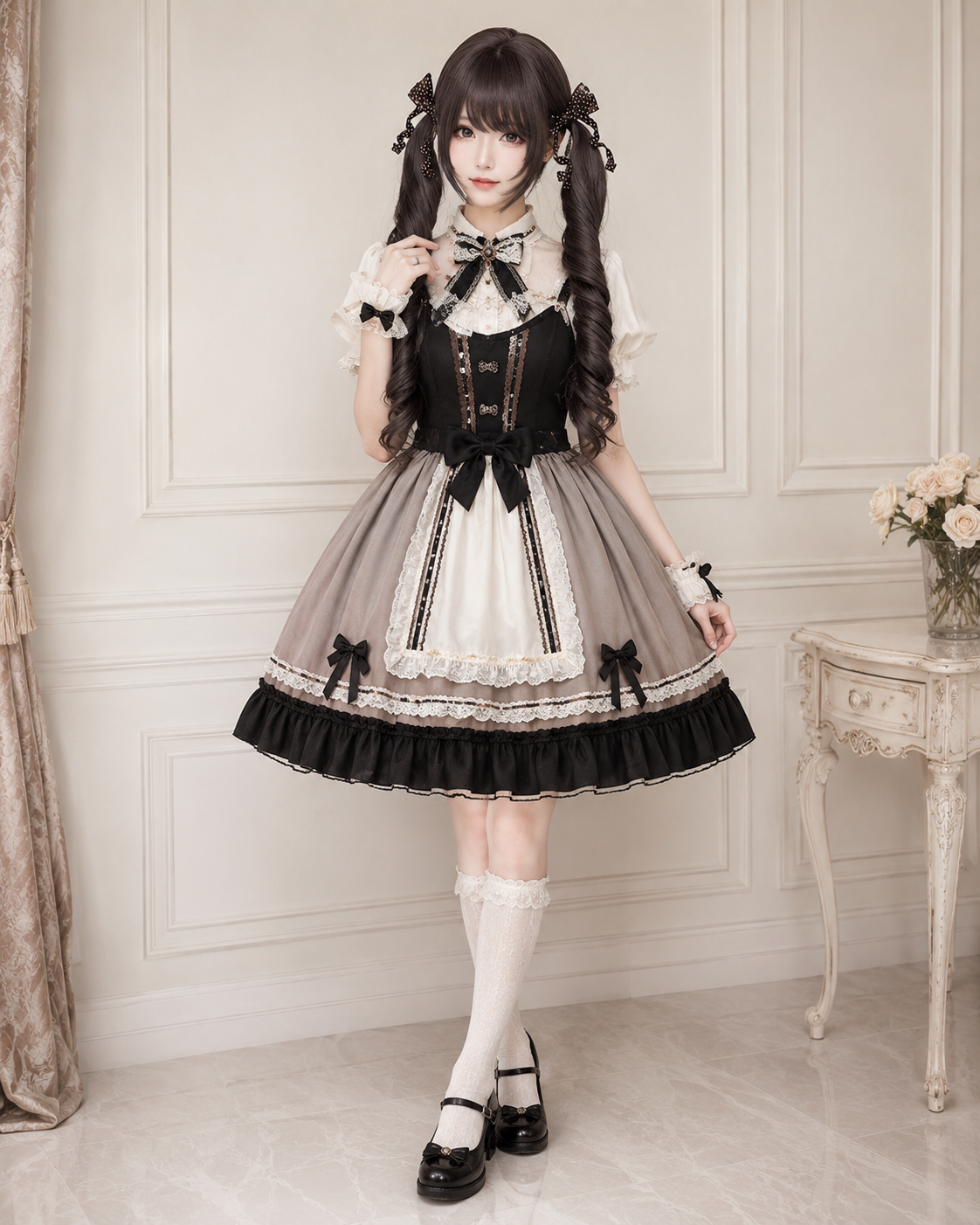 Gelockte Lolita-Perücke in dunklem Teebraun mit Twin-Tails – Dunkles Teebraun, Stylingansicht am Model 04 Gelockte Lolita-Perücke in dunklem Teebraun mit Twin-Tails in Dunkles Teebraun, Stylingansicht am Model 04