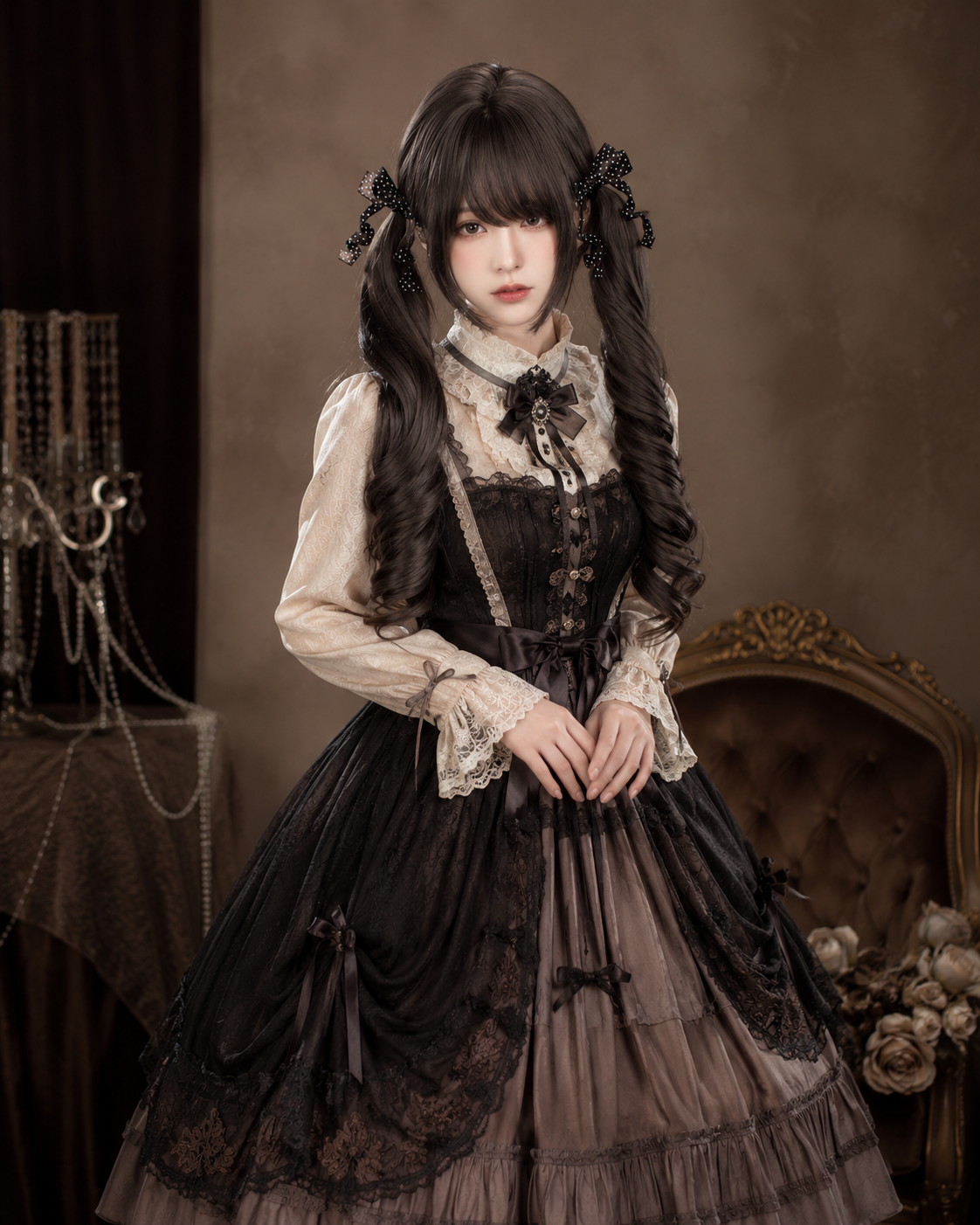 Gelockte Lolita-Perücke in dunklem Teebraun mit Twin-Tails – Dunkles Teebraun, Stylingansicht am Model 05 Gelockte Lolita-Perücke in dunklem Teebraun mit Twin-Tails in Dunkles Teebraun, Stylingansicht am Model 05