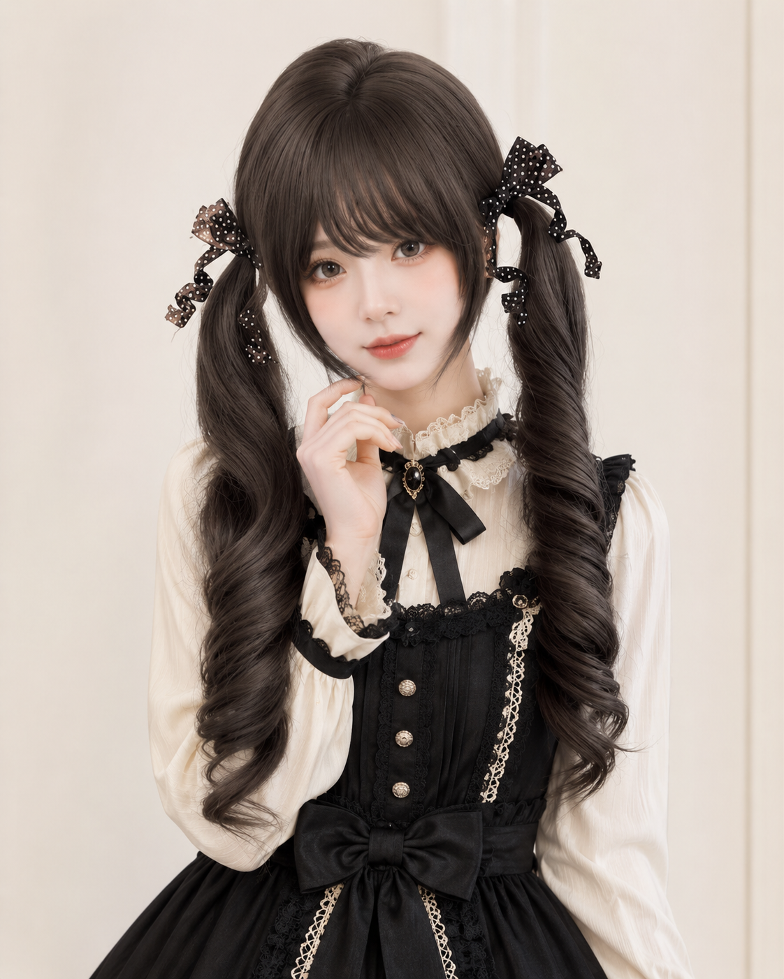 Gelockte Lolita-Perücke in dunklem Teebraun mit Twin-Tails – Dunkles Teebraun, Stylingansicht am Model 06 Gelockte Lolita-Perücke in dunklem Teebraun mit Twin-Tails in Dunkles Teebraun, Stylingansicht am Model 06