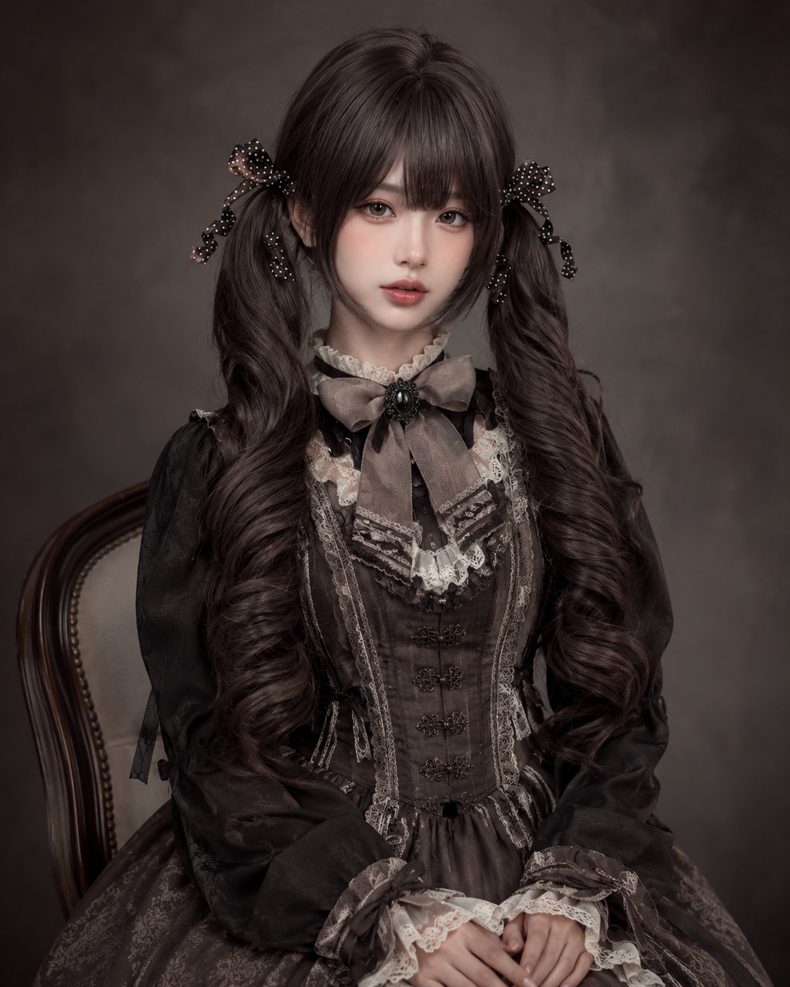 Gelockte Lolita-Perücke in dunklem Teebraun mit Twin-Tails – Dunkles Teebraun, Stylingansicht am Model 07 Gelockte Lolita-Perücke in dunklem Teebraun mit Twin-Tails in Dunkles Teebraun, Stylingansicht am Model 07