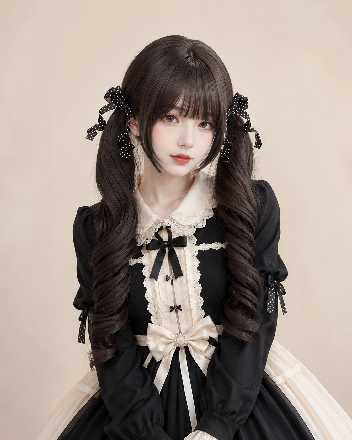Gelockte Lolita-Perücke in dunklem Teebraun mit Twin-Tails – Dunkles Teebraun, Stylingansicht am Model 08 Gelockte Lolita-Perücke in dunklem Teebraun mit Twin-Tails in Dunkles Teebraun, Stylingansicht am Model 08