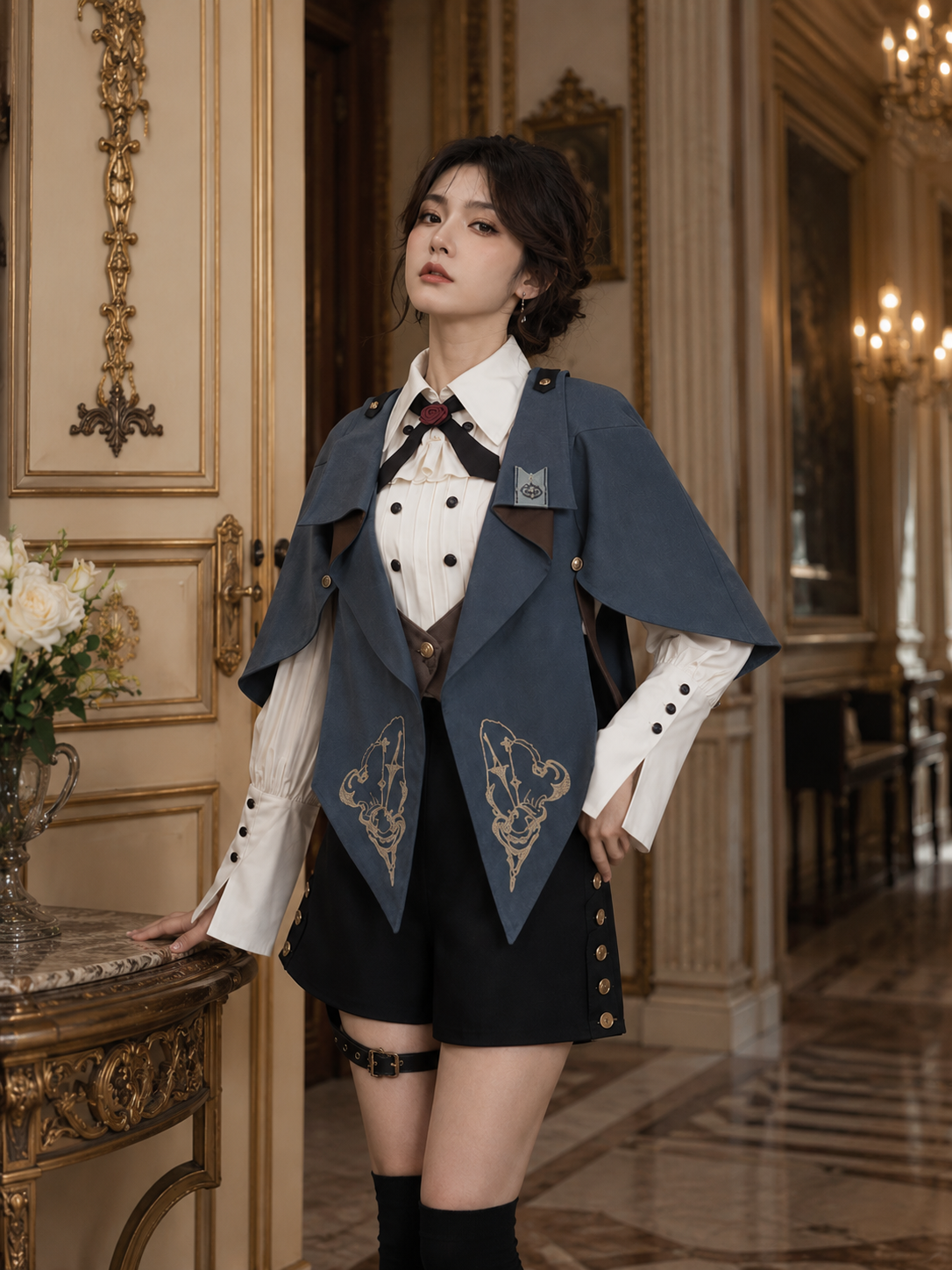 Embroidered Ouji Top and Bloomer Shorts Set in Blue Gray, main product styling view 01