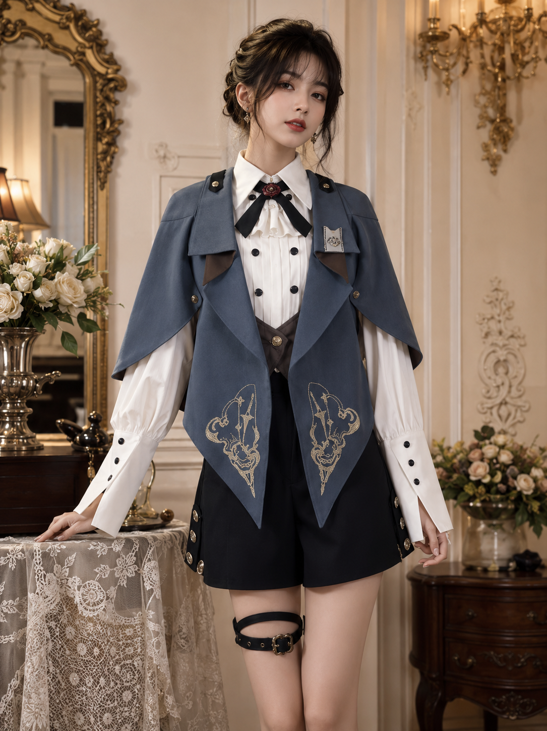 Embroidered Ouji Top and Bloomer Shorts Set - Blue Gray Styled Model View 02 Embroidered Ouji Top and Bloomer Shorts Set in Blue Gray, styled model view 02