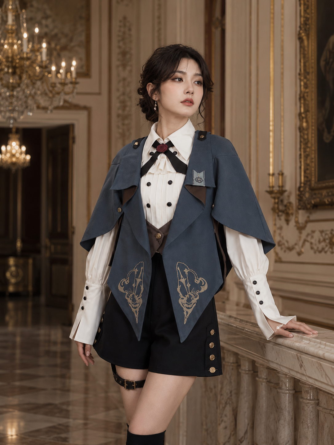 Embroidered Ouji Top and Bloomer Shorts Set - Blue Gray Styled Model View 03 Embroidered Ouji Top and Bloomer Shorts Set in Blue Gray, styled model view 03
