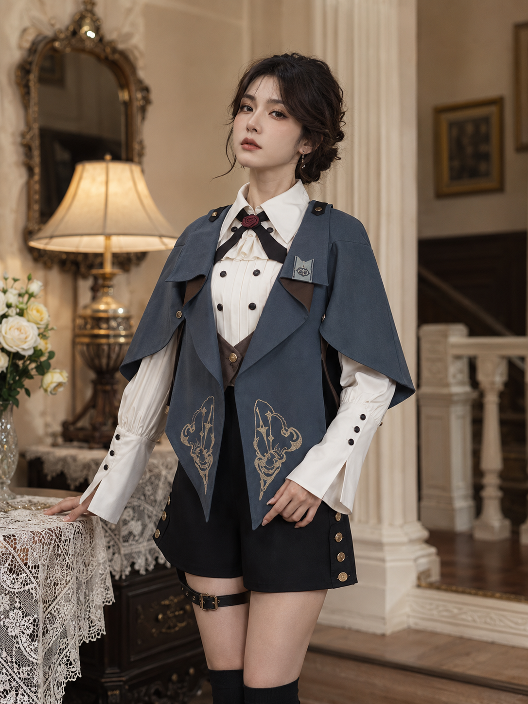 Embroidered Ouji Top and Bloomer Shorts Set - Blue Gray Styled Model View 05 Embroidered Ouji Top and Bloomer Shorts Set in Blue Gray, styled model view 05