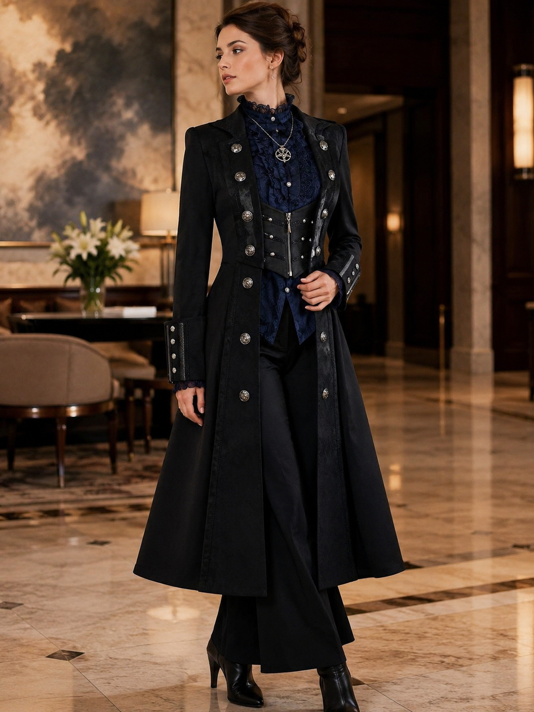 Gothic Batwing Long Coat and Trousers Ouji Set in Black with Blue, main product styling view 01