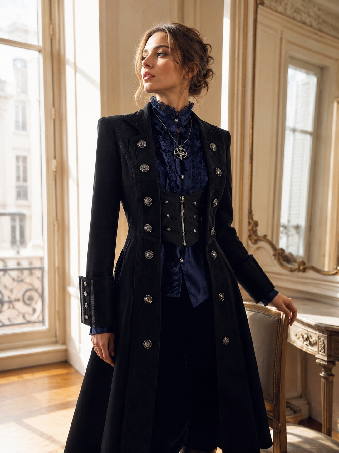 Gothic Batwing Long Coat and Trousers Ouji Set - Black with Blue Styled Model View 01 Gothic Batwing Long Coat and Trousers Ouji Set in Black with Blue, styled model view 01