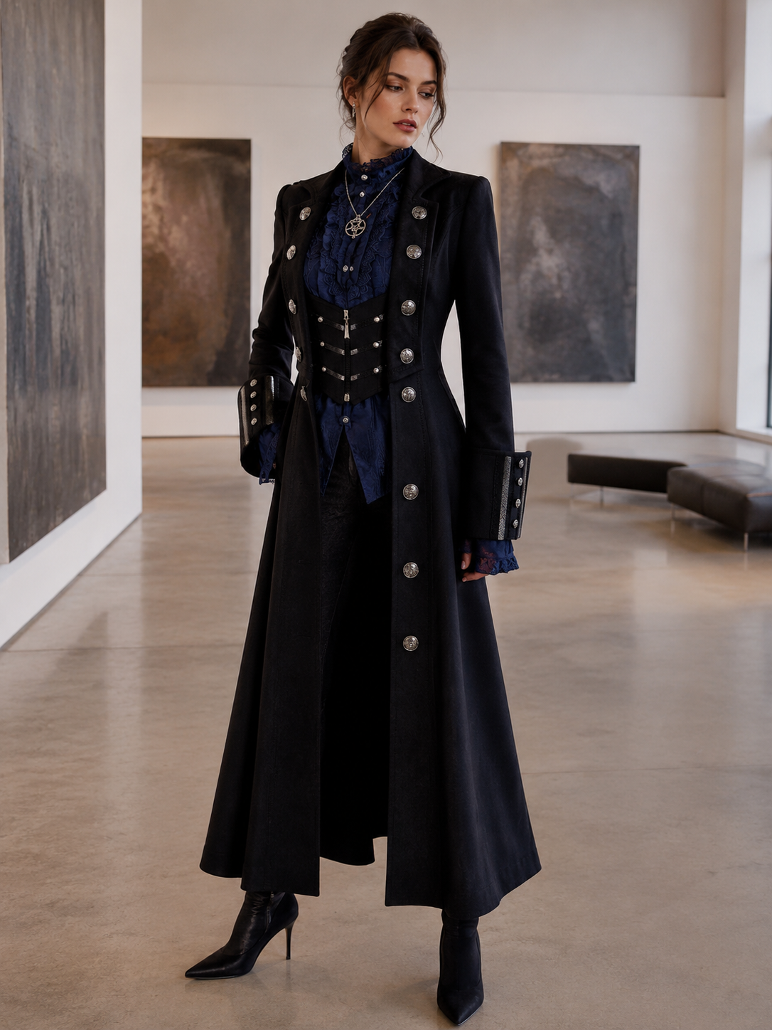 Gothic Batwing Long Coat and Trousers Ouji Set - Black with Blue Styled Model View 02 Gothic Batwing Long Coat and Trousers Ouji Set in Black with Blue, styled model view 02