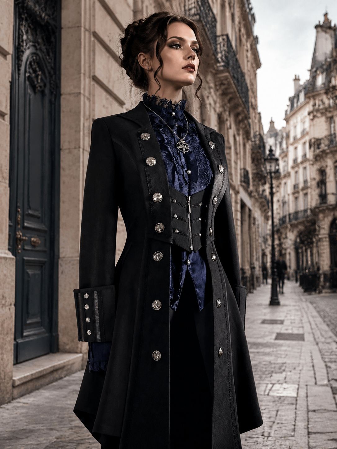 Gothic Batwing Long Coat and Trousers Ouji Set - Black with Blue Styled Model View 03 Gothic Batwing Long Coat and Trousers Ouji Set in Black with Blue, styled model view 03