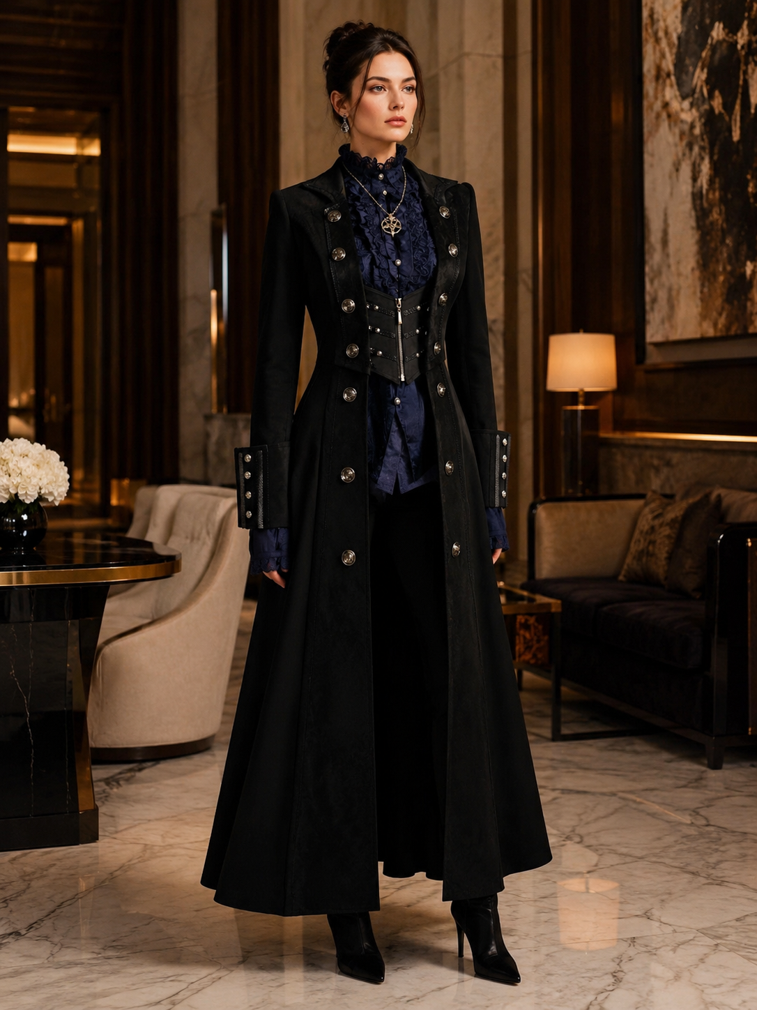 Gothic Batwing Long Coat and Trousers Ouji Set - Black with Blue Styled Model View 04 Gothic Batwing Long Coat and Trousers Ouji Set in Black with Blue, styled model view 04