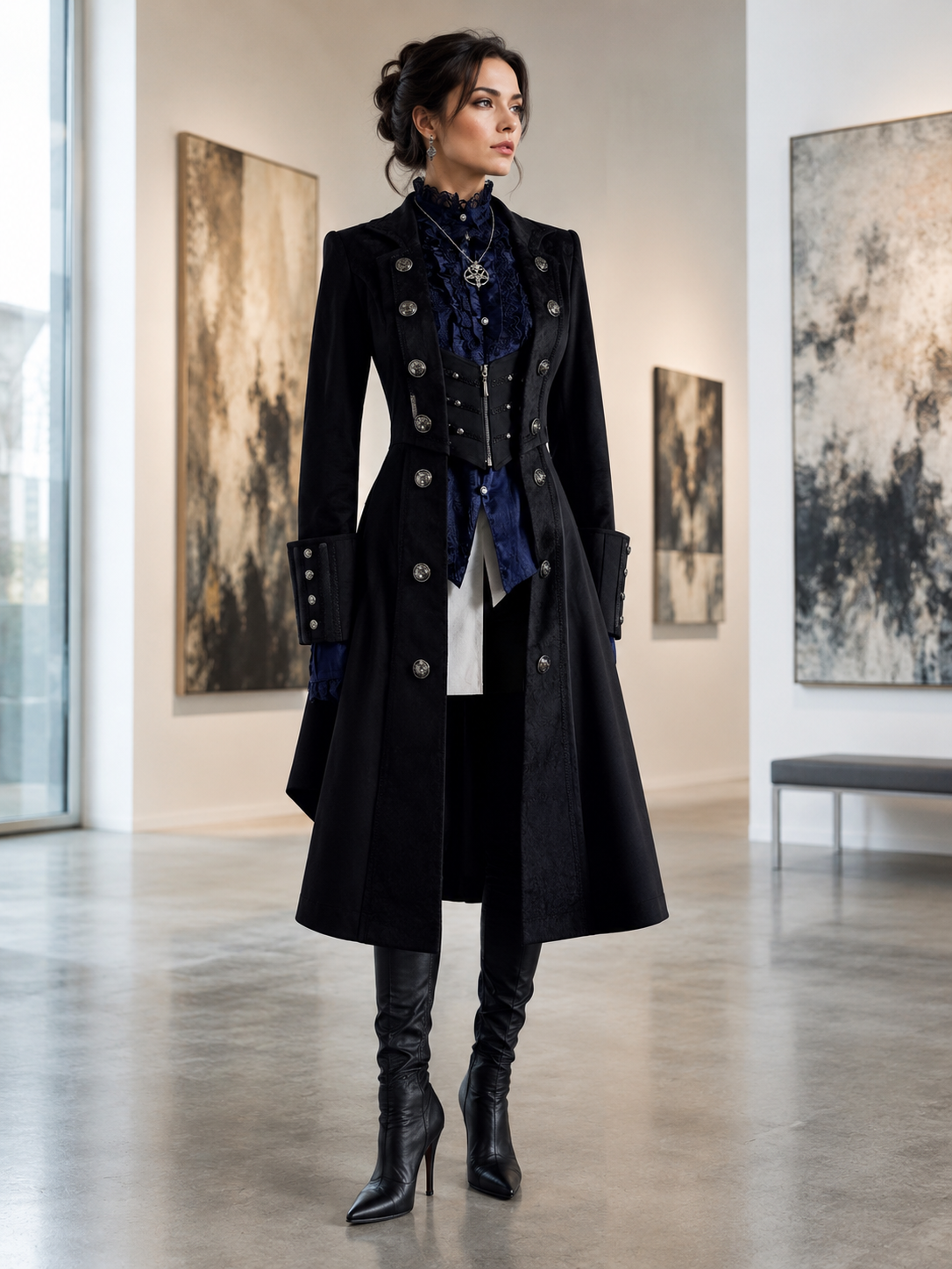 Gothic Batwing Long Coat and Trousers Ouji Set - Black with Blue Styled Model View 05 Gothic Batwing Long Coat and Trousers Ouji Set in Black with Blue, styled model view 05