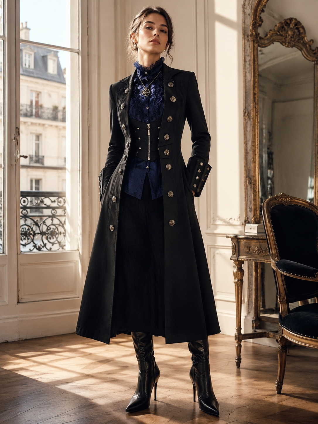 Gothic Batwing Long Coat and Trousers Ouji Set - Black with Blue Styled Model View 06 Gothic Batwing Long Coat and Trousers Ouji Set in Black with Blue, styled model view 06