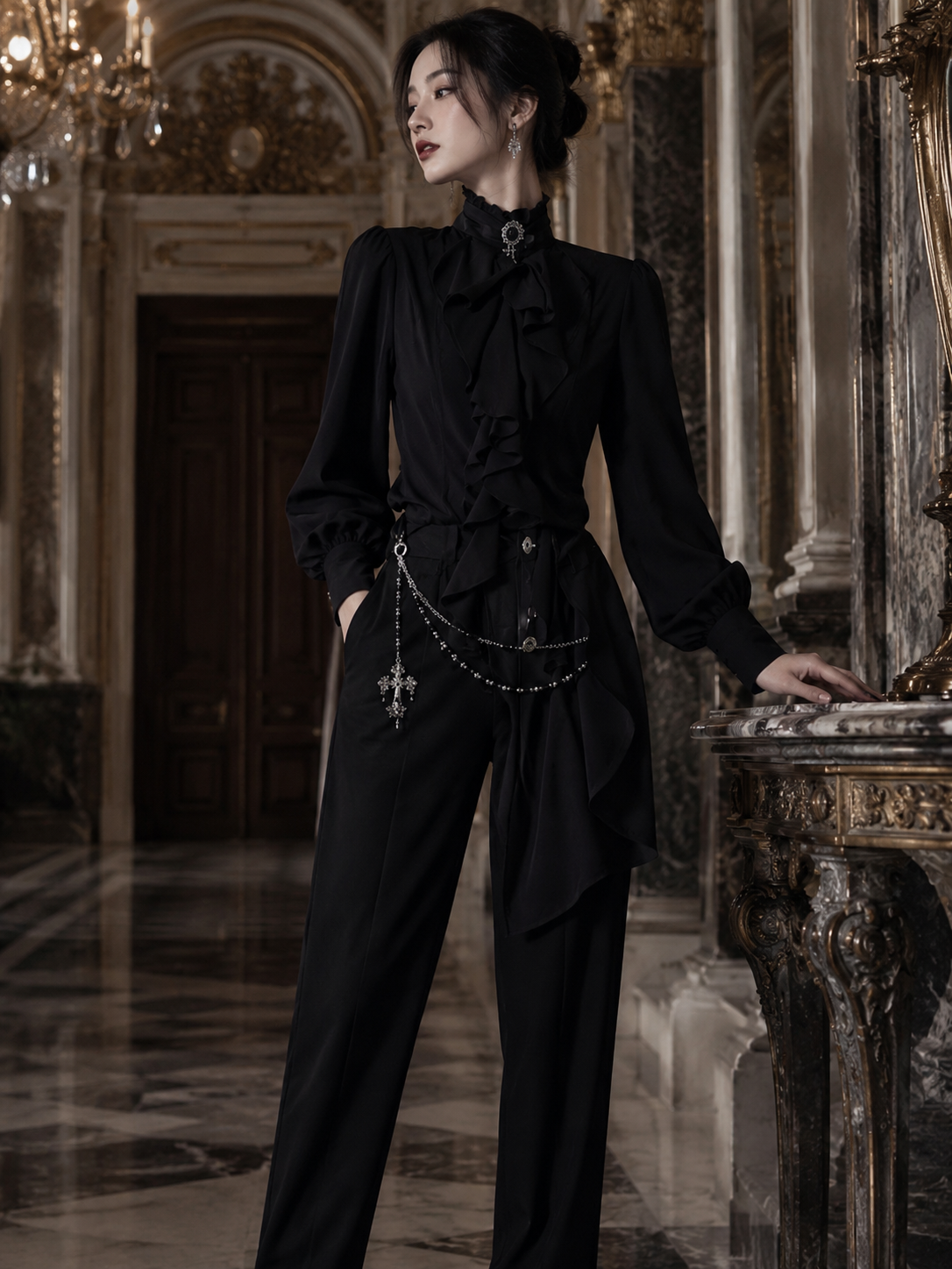 Gothic French Ruffle Tie-Collar Shirt - Black Styled Model View 03 Gothic French Ruffle Tie-Collar Shirt in Black, styled model view 03