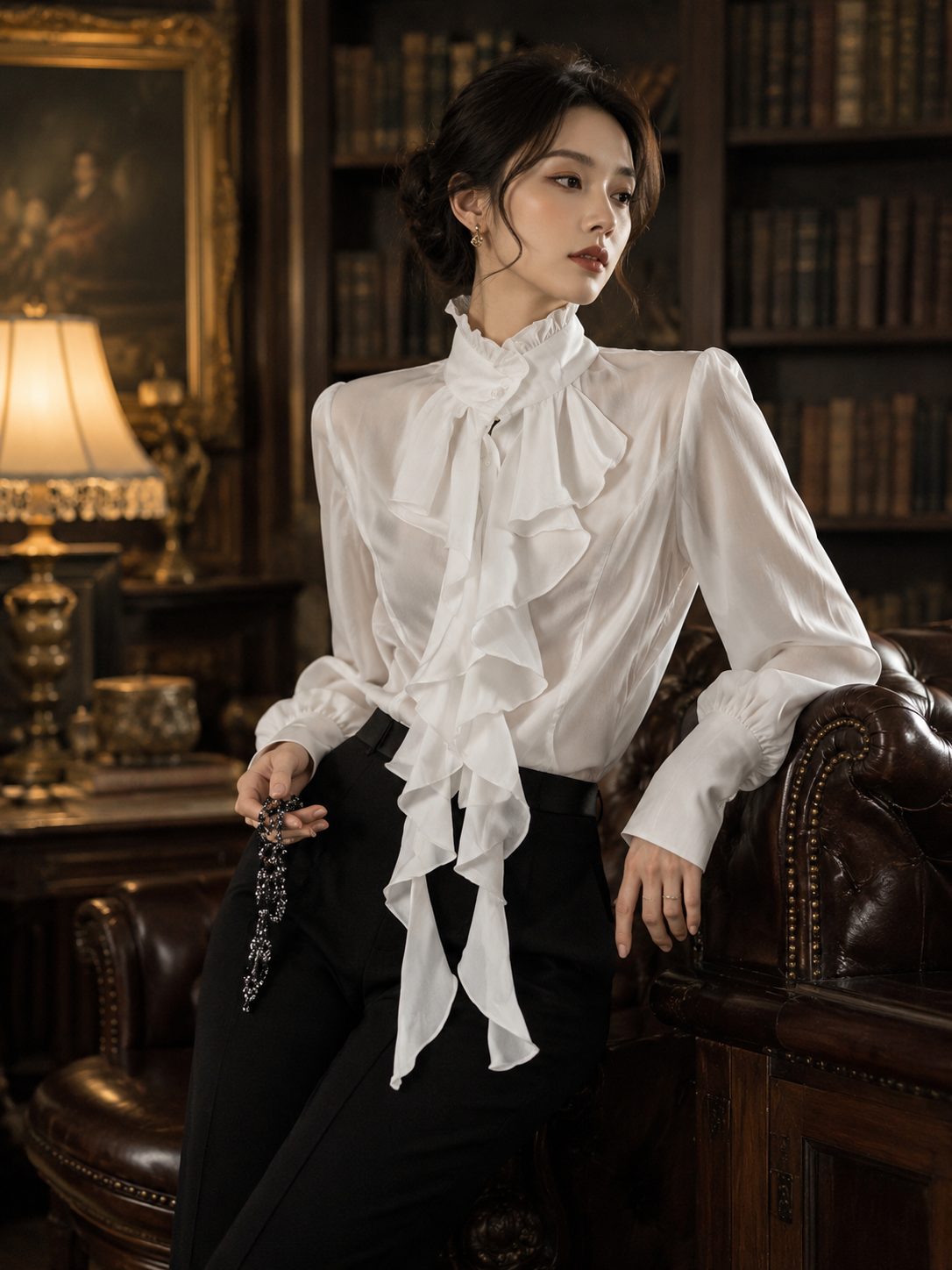 Gothic French Ruffle Tie-Collar Shirt in White, main product styling view 01