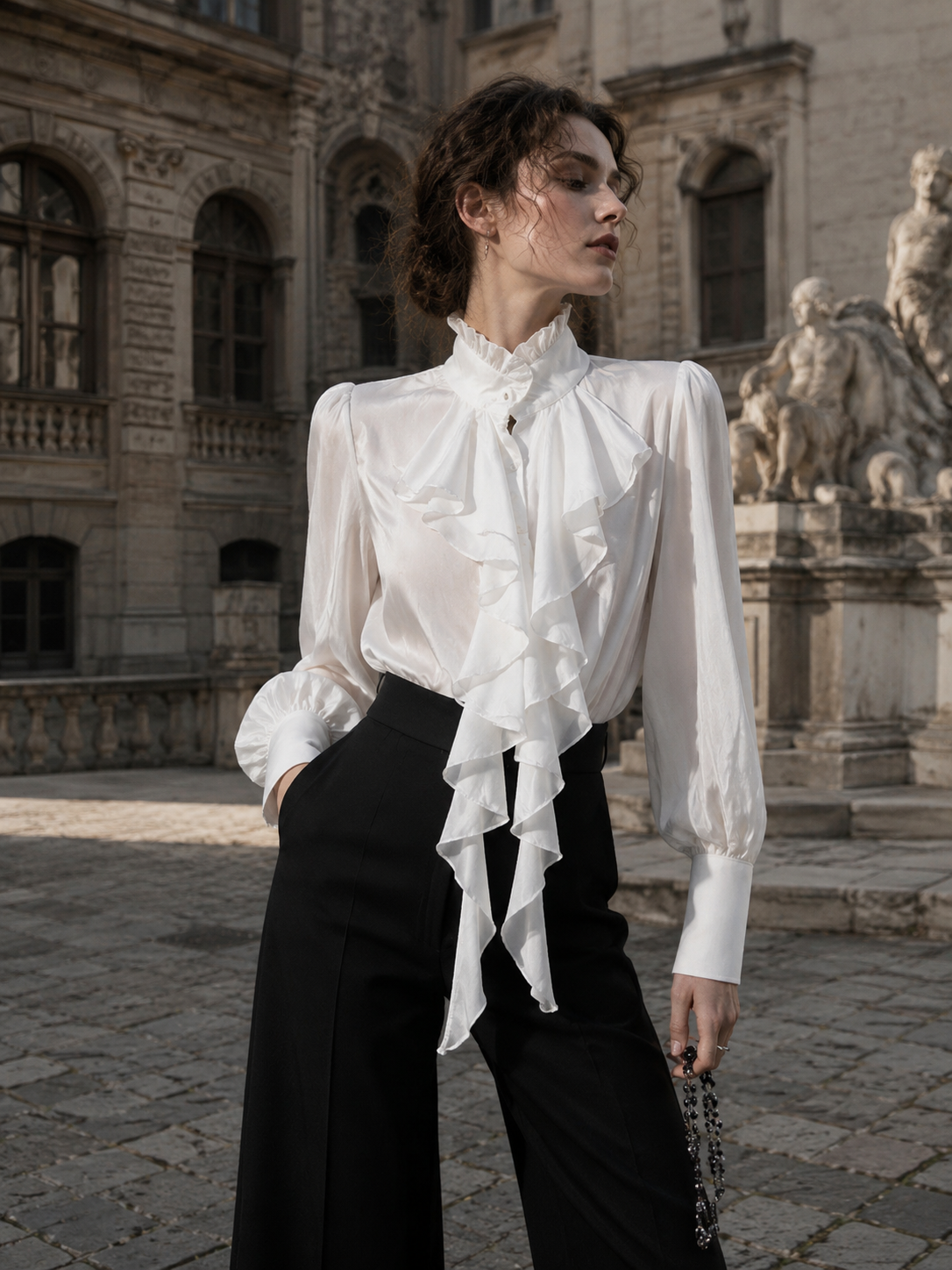 Gothic French Ruffle Tie-Collar Shirt - White Styled Model View 03 Gothic French Ruffle Tie-Collar Shirt in White, styled model view 03