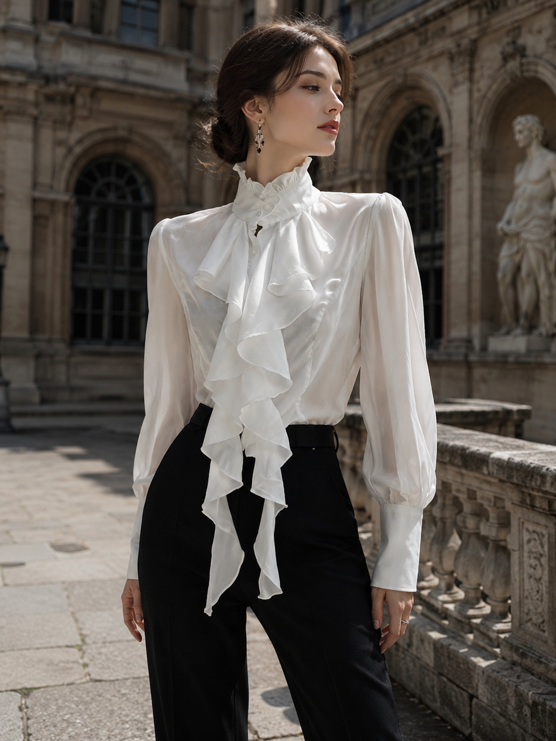 Gothic French Ruffle Tie-Collar Shirt - White Styled Model View 04 Gothic French Ruffle Tie-Collar Shirt in White, styled model view 04